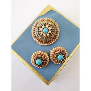 Vintage Art Designer Multicolor & Faux Pearl Dome Brooch and Clip On Earring Set